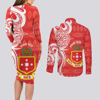 Personalised Kolisi Tonga Couples Matching Long Sleeve Bodycon Dress and Long Sleeve Button Shirt Mate Maa Tonga Ngatu Pattern - Polynesian Pride