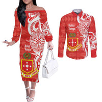 Personalised Kolisi Tonga Couples Matching Off The Shoulder Long Sleeve Dress and Long Sleeve Button Shirt Mate Maa Tonga Ngatu Pattern - Polynesian Pride