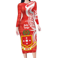 Personalised Kolisi Tonga Long Sleeve Bodycon Dress Mate Maa Tonga Ngatu Pattern - Polynesian Pride