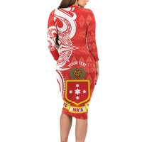 Personalised Kolisi Tonga Long Sleeve Bodycon Dress Mate Maa Tonga Ngatu Pattern - Polynesian Pride