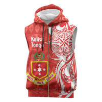 Personalised Kolisi Tonga Sleeveless Zip Hoodie Mate Maa Tonga Ngatu Pattern LT14 Red - Polynesian Pride