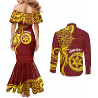 Personalised Tonga High School Couples Matching Mermaid Dress and Long Sleeve Button Shirt THS Tongan Ngatu Pattern - Polynesian Pride