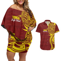 Personalised Tonga High School Couples Matching Off Shoulder Short Dress and Hawaiian Shirt THS Tongan Ngatu Pattern - Polynesian Pride