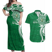 Personalised Liahona - Saineha High School Couples Matching Off Shoulder Maxi Dress and Hawaiian Shirt Tongan Ngatu Pattern - Polynesian Pride