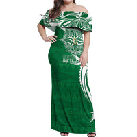 Personalised Liahona - Saineha High School Off Shoulder Maxi Dress Tongan Ngatu Pattern LT14 Women Green - Polynesian Pride