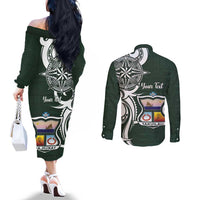 Personalised Tonga Takuilau College Couples Matching Off The Shoulder Long Sleeve Dress and Long Sleeve Button Shirt Est 1975 Tongan Ngatu Pattern - Polynesian Pride