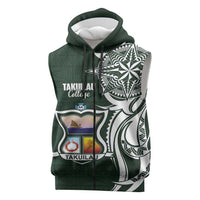 Personalised Tonga Takuilau College Sleeveless Zip Hoodie Est 1975 Tongan Ngatu Pattern LT14 Green - Polynesian Pride