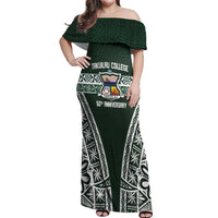 Personalised Tonga Takuilau College Off Shoulder Maxi Dress 50th Anniversary Ngatu Kupesi LT14 Women Green - Polynesian Pride