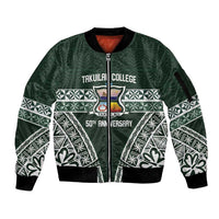 Personalised Tonga Takuilau College Sleeve Zip Bomber Jacket 50th Anniversary Ngatu Kupesi LT14 Unisex Green - Polynesian Pride