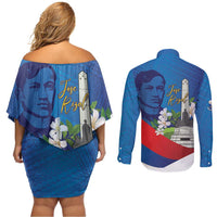 Philippines Rizal Day Couples Matching Off Shoulder Short Dress and Long Sleeve Button Shirt Filipino Motto Stella Polynesian Pattern - Polynesian Pride