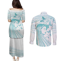 Polynesia Cervical Cancer Awareness Month Couples Matching Puletasi and Long Sleeve Button Shirt Polynesian Women Faith Hope Love! LT14 - Polynesian Pride
