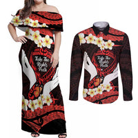 Polynesia AIDS Awareness Month Couples Matching Off Shoulder Maxi Dress and Long Sleeve Button Shirt Take The Rights Path Polynesian Pattern LT14 Red - Polynesian Pride