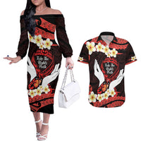 Polynesia AIDS Awareness Month Couples Matching Off The Shoulder Long Sleeve Dress and Hawaiian Shirt Take The Rights Path Polynesian Pattern LT14 Red - Polynesian Pride