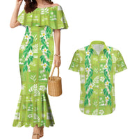 Aloha Hawaii Tuberose Lei Couples Matching Mermaid Dress and Hawaiian Shirt Tropical Vibes Green Color - Polynesian Pride