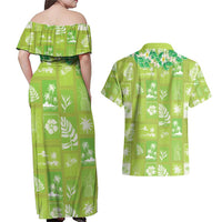 Aloha Hawaii Tuberose Lei Couples Matching Off Shoulder Maxi Dress and Hawaiian Shirt Tropical Vibes Green Color - Polynesian Pride