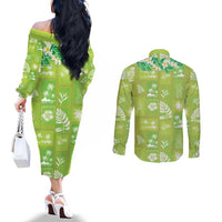 Aloha Hawaii Tuberose Lei Couples Matching Off The Shoulder Long Sleeve Dress and Long Sleeve Button Shirt Tropical Vibes Green Color - Polynesian Pride