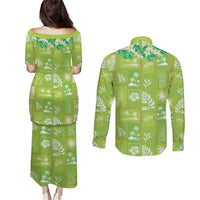 Aloha Hawaii Tuberose Lei Couples Matching Puletasi and Long Sleeve Button Shirt Tropical Vibes Green Color - Polynesian Pride