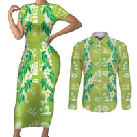 Aloha Hawaii Tuberose Lei Couples Matching Short Sleeve Bodycon Dress and Long Sleeve Button Shirt Tropical Vibes Green Color LT14 Green - Polynesian Pride