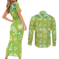 Aloha Hawaii Tuberose Lei Couples Matching Short Sleeve Bodycon Dress and Long Sleeve Button Shirt Tropical Vibes Green Color - Polynesian Pride