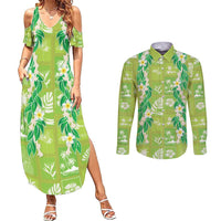Aloha Hawaii Tuberose Lei Couples Matching Summer Maxi Dress and Long Sleeve Button Shirt Tropical Vibes Green Color LT14 Green - Polynesian Pride