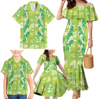 Aloha Hawaii Tuberose Lei Family Matching Mermaid Dress and Hawaiian Shirt Tropical Vibes Green Color - Polynesian Pride