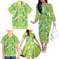 Aloha Hawaii Tuberose Lei Family Matching Off The Shoulder Long Sleeve Dress and Hawaiian Shirt Tropical Vibes Green Color - Polynesian Pride