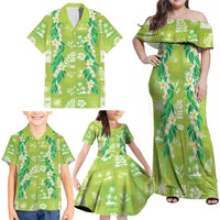 Aloha Hawaii Tuberose Lei Family Matching Off Shoulder Maxi Dress and Hawaiian Shirt Tropical Vibes Green Color - Polynesian Pride