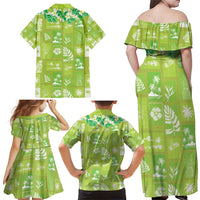 Aloha Hawaii Tuberose Lei Family Matching Off Shoulder Maxi Dress and Hawaiian Shirt Tropical Vibes Green Color - Polynesian Pride