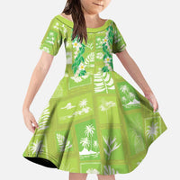 Aloha Hawaii Tuberose Lei Family Matching Off Shoulder Short Dress and Hawaiian Shirt Tropical Vibes Green Color - Polynesian Pride