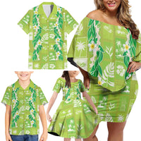 Aloha Hawaii Tuberose Lei Family Matching Off Shoulder Short Dress and Hawaiian Shirt Tropical Vibes Green Color - Polynesian Pride