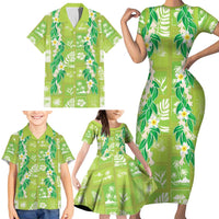 Aloha Hawaii Tuberose Lei Family Matching Short Sleeve Bodycon Dress and Hawaiian Shirt Tropical Vibes Green Color - Polynesian Pride