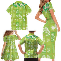 Aloha Hawaii Tuberose Lei Family Matching Short Sleeve Bodycon Dress and Hawaiian Shirt Tropical Vibes Green Color - Polynesian Pride
