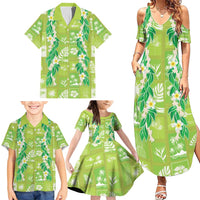 Aloha Hawaii Tuberose Lei Family Matching Summer Maxi Dress and Hawaiian Shirt Tropical Vibes Green Color - Polynesian Pride