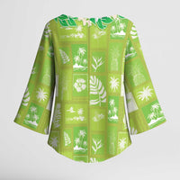 Aloha Hawaii Tuberose Lei Kimono Sleeve Blouse Tropical Vibes Green Color - Polynesian Pride