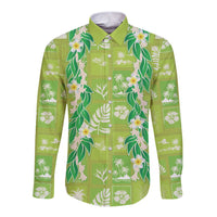 Aloha Hawaii Tuberose Lei Long Sleeve Button Shirt Tropical Vibes Green Color - Polynesian Pride