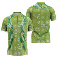 Aloha Hawaii Tuberose Lei Zipper Polo Shirt Tropical Vibes Green Color LT14 - Polynesian Pride