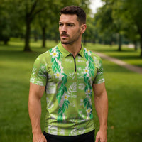 Aloha Hawaii Tuberose Lei Zipper Polo Shirt Tropical Vibes Green Color LT14 - Polynesian Pride