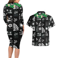 Aloha Hawaii Tuberose Lei Couples Matching Long Sleeve Bodycon Dress and Hawaiian Shirt Tropical Vibes Black Color - Polynesian Pride