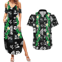Aloha Hawaii Tuberose Lei Couples Matching Summer Maxi Dress and Hawaiian Shirt Tropical Vibes Black Color - Polynesian Pride