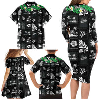 Aloha Hawaii Tuberose Lei Family Matching Long Sleeve Bodycon Dress and Hawaiian Shirt Tropical Vibes Black Color - Polynesian Pride