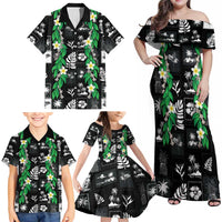 Aloha Hawaii Tuberose Lei Family Matching Off Shoulder Maxi Dress and Hawaiian Shirt Tropical Vibes Black Color - Polynesian Pride