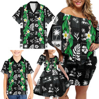 Aloha Hawaii Tuberose Lei Family Matching Off Shoulder Short Dress and Hawaiian Shirt Tropical Vibes Black Color - Polynesian Pride