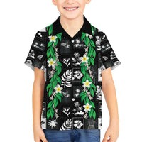 Aloha Hawaii Tuberose Lei Family Matching Off Shoulder Short Dress and Hawaiian Shirt Tropical Vibes Black Color - Polynesian Pride