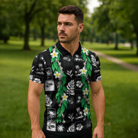 Aloha Hawaii Tuberose Lei Zipper Polo Shirt Tropical Vibes Black Color LT14 - Polynesian Pride