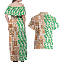 Aloha Hawaii Palaka Tuberose Lei Couples Matching Off Shoulder Maxi Dress and Hawaiian Shirt Hawaiian Quilt Seamless Style - Polynesian Pride