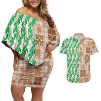 Aloha Hawaii Palaka Tuberose Lei Couples Matching Off Shoulder Short Dress and Hawaiian Shirt Hawaiian Quilt Seamless Style - Polynesian Pride