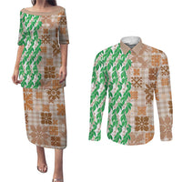 Aloha Hawaii Palaka Tuberose Lei Couples Matching Puletasi and Long Sleeve Button Shirt Hawaiian Quilt Seamless Style LT14 Beige - Polynesian Pride