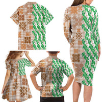 Aloha Hawaii Palaka Tuberose Lei Family Matching Long Sleeve Bodycon Dress and Hawaiian Shirt Hawaiian Quilt Seamless Style - Polynesian Pride