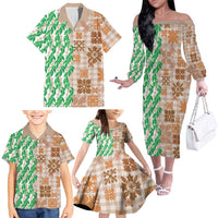 Aloha Hawaii Palaka Tuberose Lei Family Matching Off The Shoulder Long Sleeve Dress and Hawaiian Shirt Hawaiian Quilt Seamless Style - Polynesian Pride