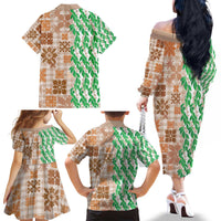 Aloha Hawaii Palaka Tuberose Lei Family Matching Off The Shoulder Long Sleeve Dress and Hawaiian Shirt Hawaiian Quilt Seamless Style - Polynesian Pride